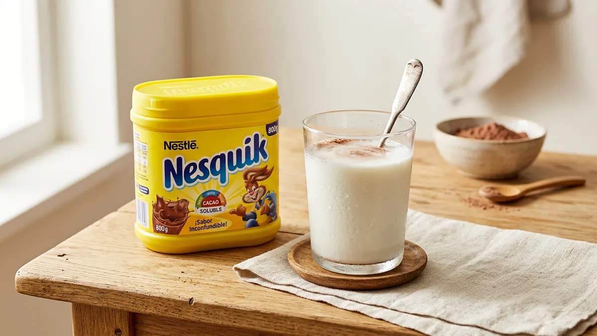Envase de Nesquik en una mesa con un vaso de leche