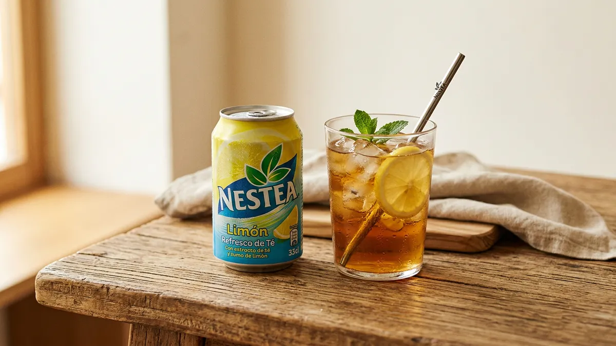 Lata de Nestea sabor limón con hielo sobre mesa