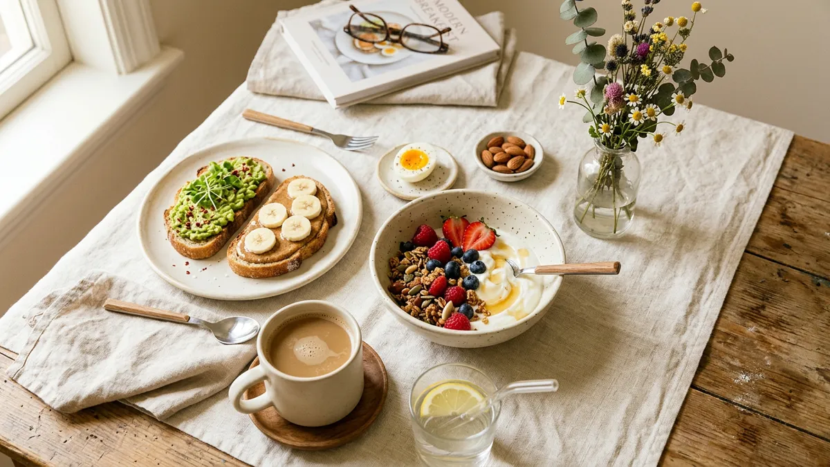 Mesa con un desayuno saludable y equilibrado