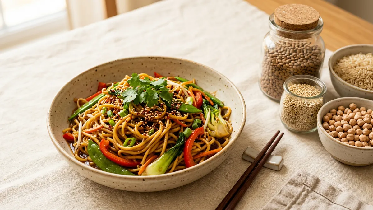 Noodles cocidos con verduras y salsa en un plato