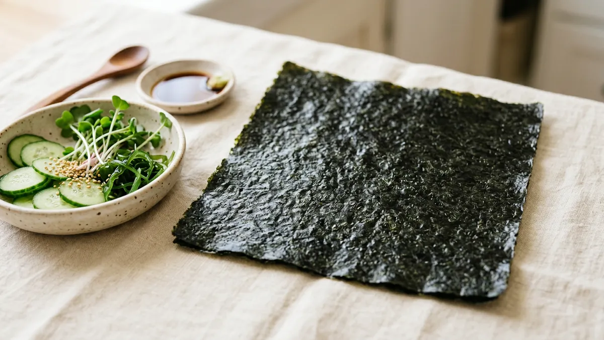 Hoja de alga nori en un fondo neutro