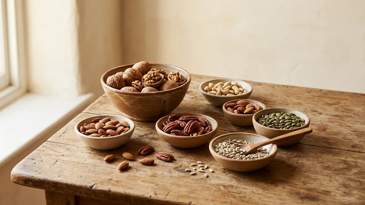 Nueces en un cuenco sobre una superficie de madera