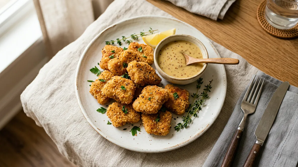 Nuggets de pollo en un plato blanco