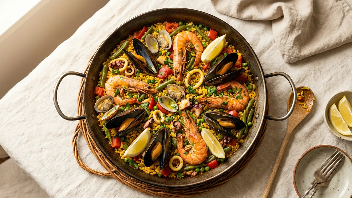 Paella en una paellera con mariscos y verduras