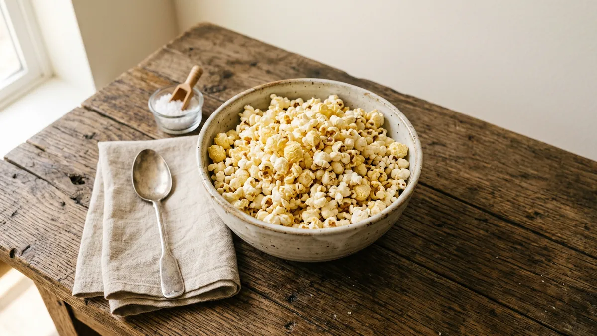 Palomitas de maíz dentro de un cuenco de cerámica sobre mesa de madera