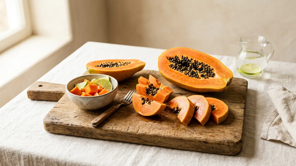 Papaya fresca cortada sobre una tabla de madera