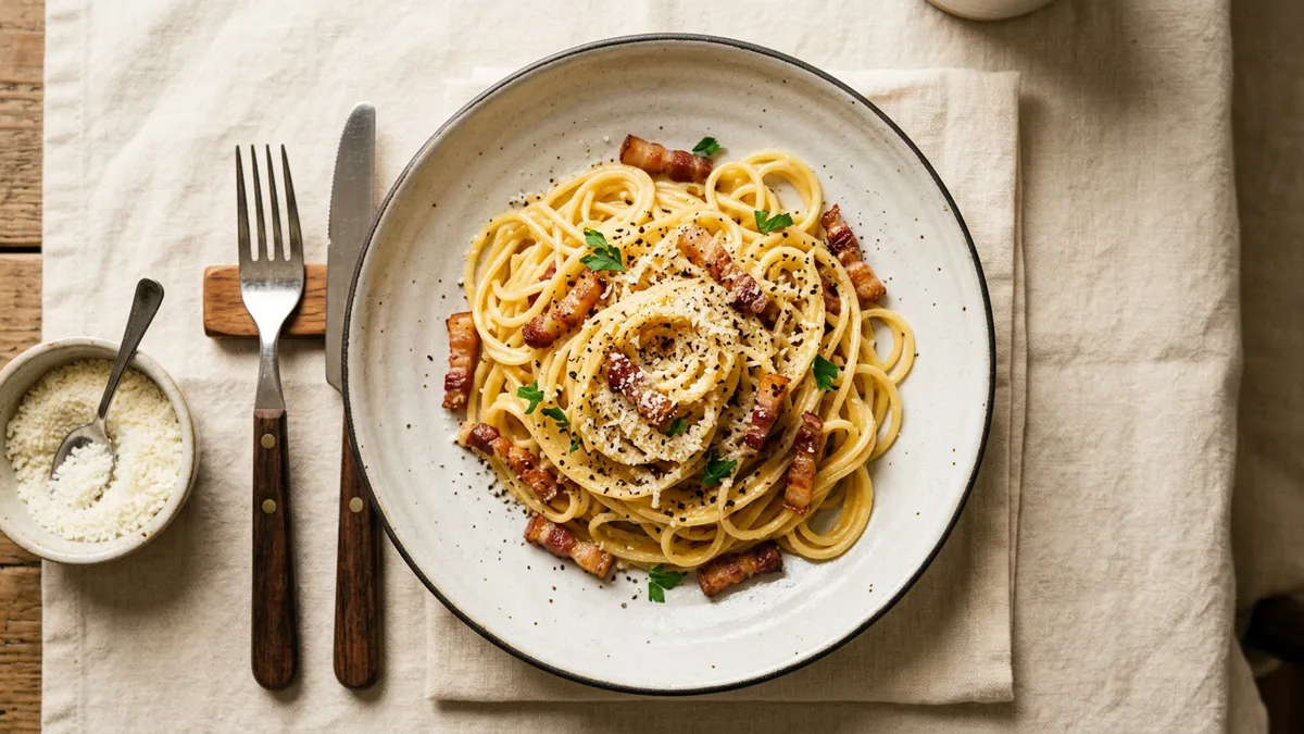 Plato de pasta carbonara con salsa cremosa y bacon