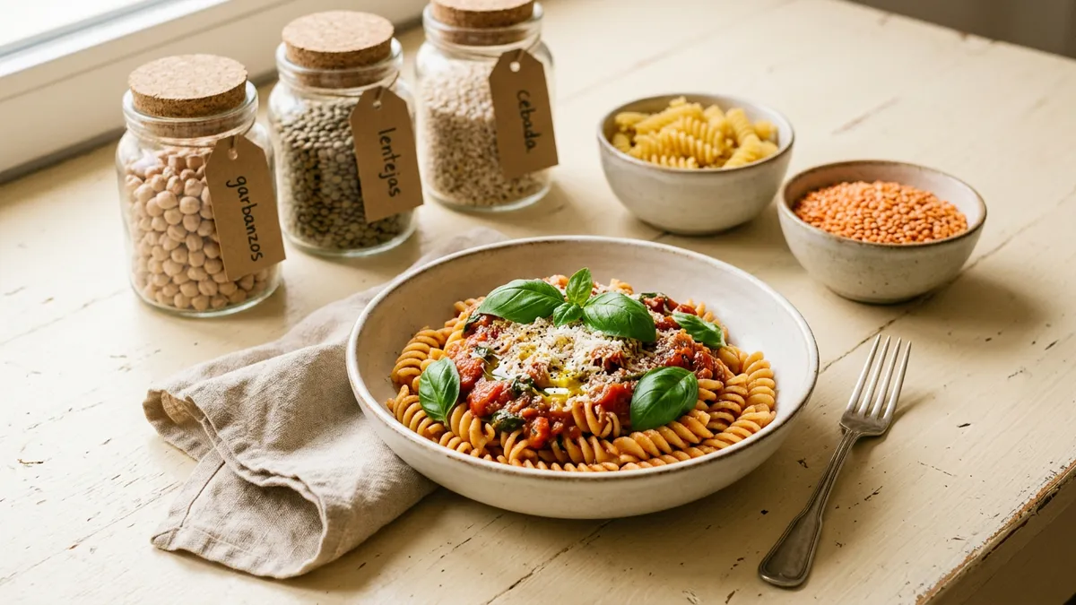 Plato de pasta con salsa y albahaca