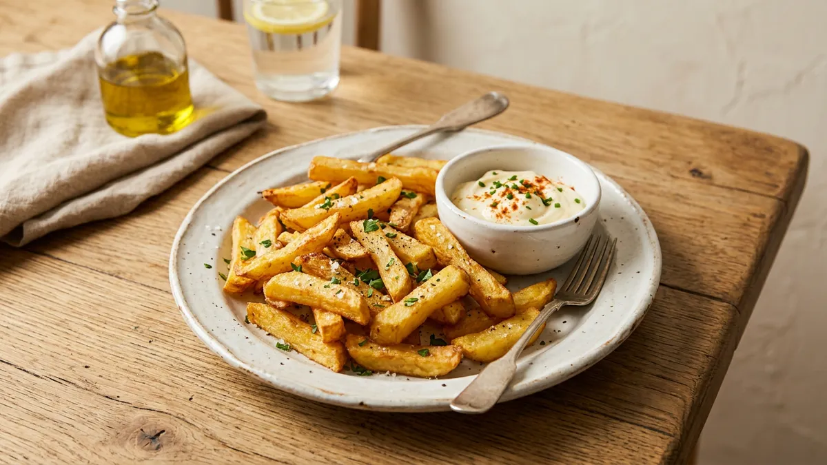 Patatas fritas en un plato blanco sobre una mesa
