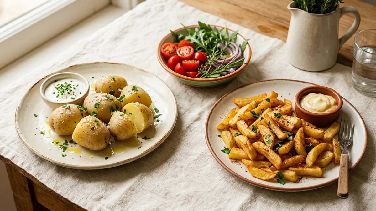 Patatas cocidas y fritas en platos diferentes