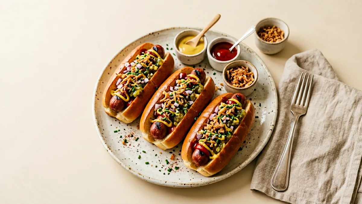 Perritos calientes en un plato con salsas
