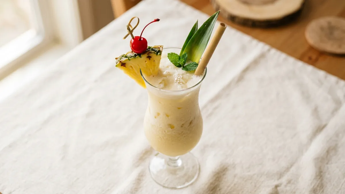 Piña colada en vaso con decoración de piña y cereza