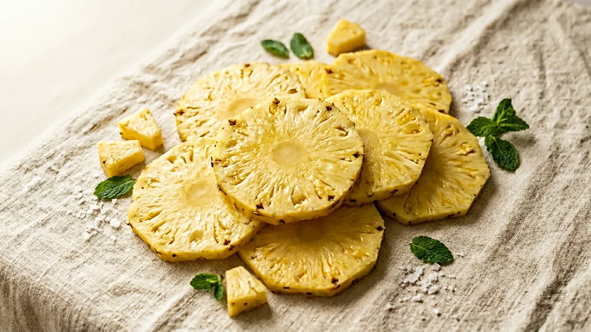Rodajas de piña fresca sobre fondo blanco