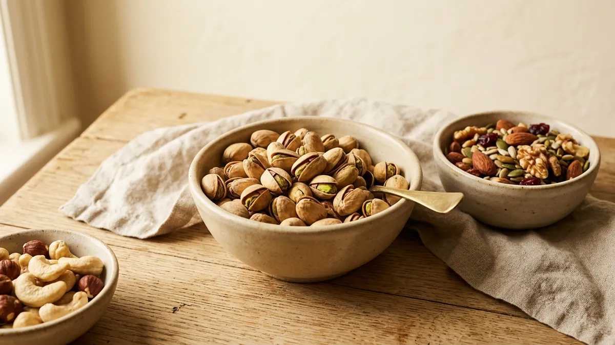 Pistachos en un cuenco sobre una mesa