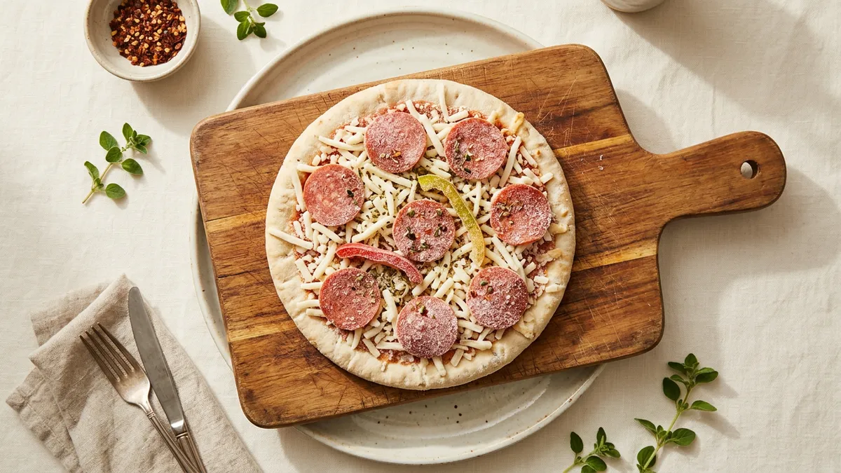 Pizza congelada sobre una tabla de madera