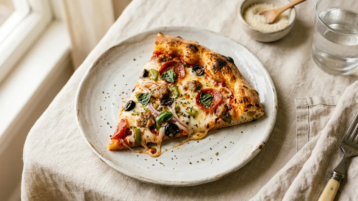 Porción de pizza con ingredientes variados sobre plato blanco