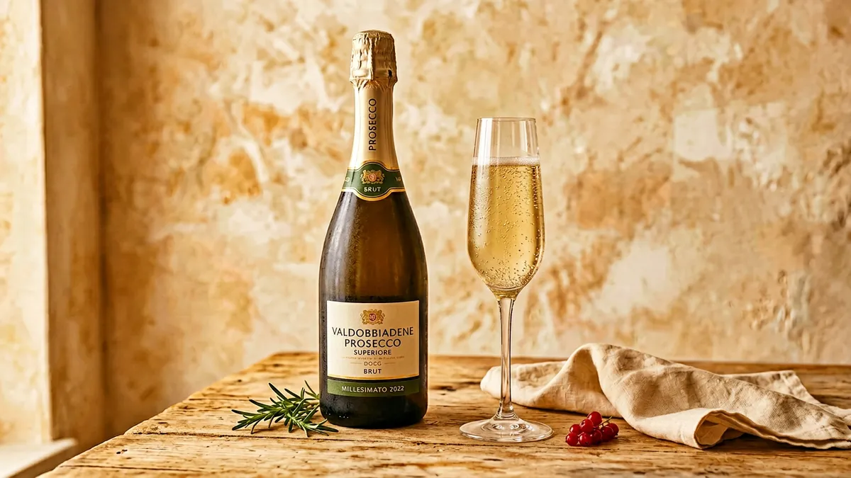 Botella de prosecco y copa sobre mesa