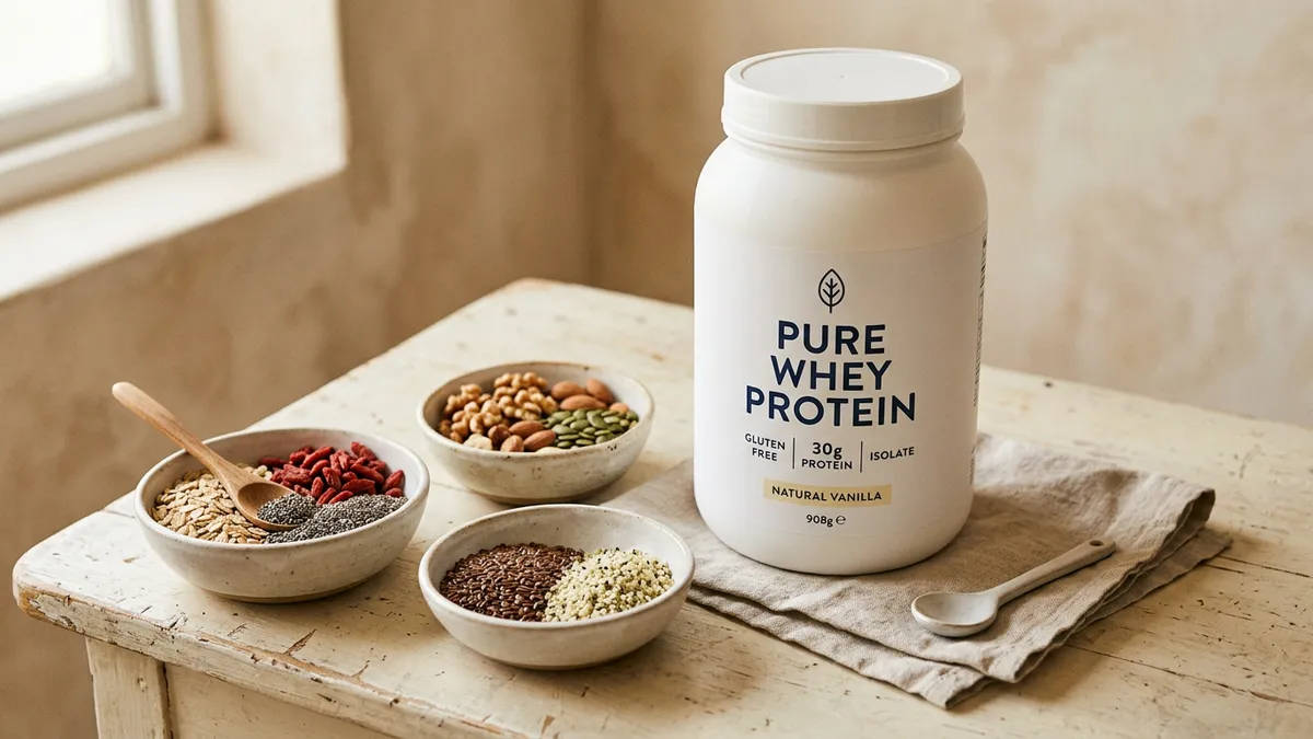 Envase de proteína whey en superficie neutra
