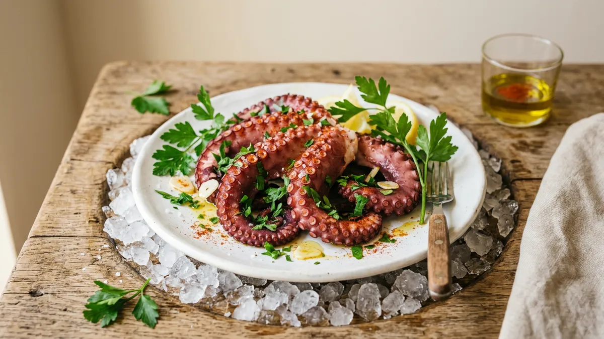 Pulpo cocido en un plato blanco con perejil