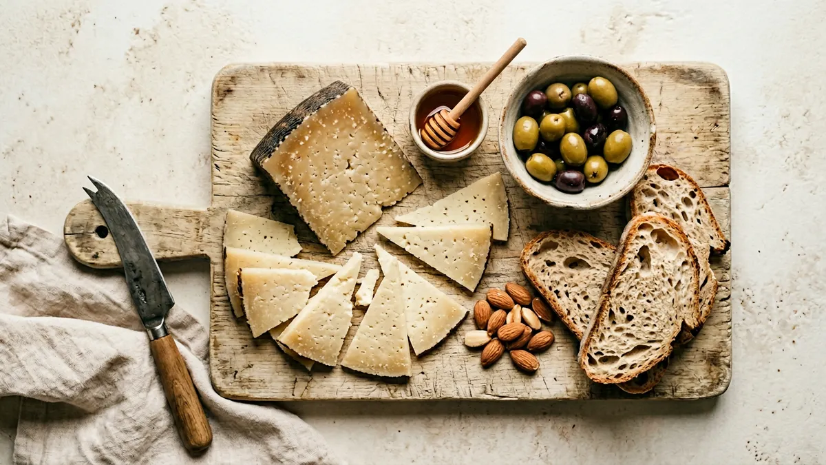 Queso curado en tabla de madera