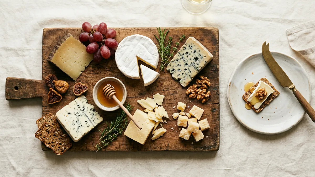 Varios tipos de queso en una tabla de madera