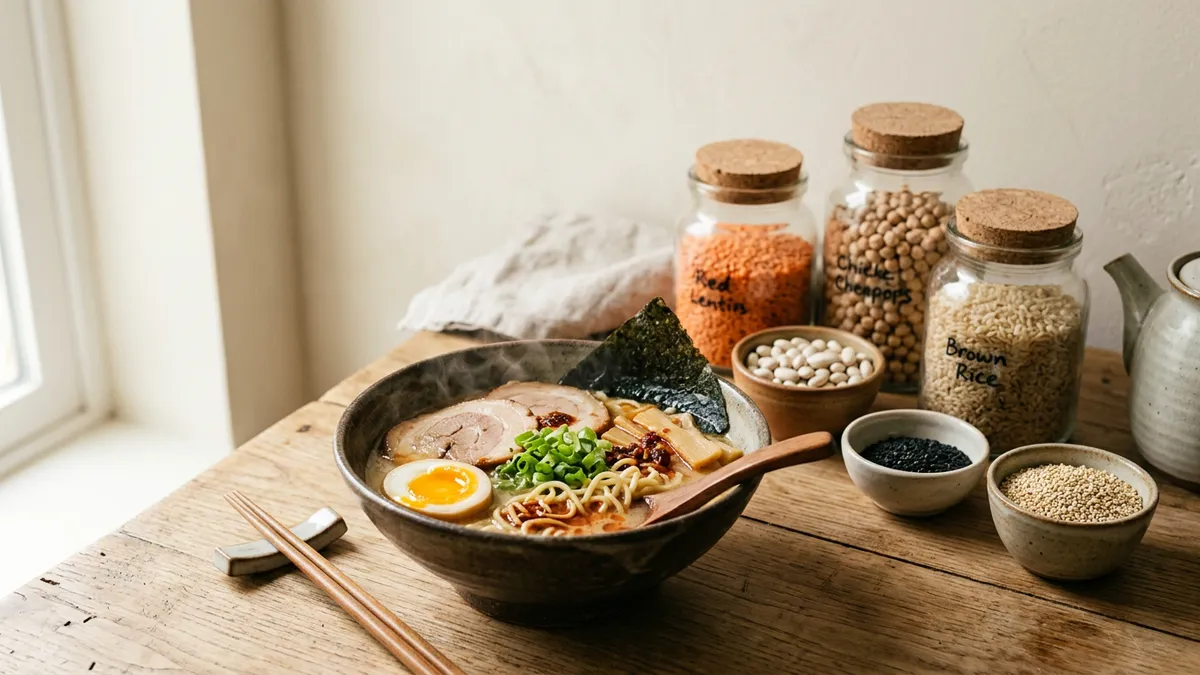 Tazón de ramen con fideos, caldo y toppings