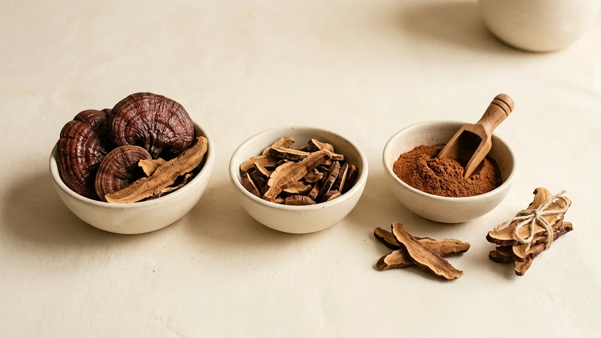 Hongos reishi secos sobre fondo blanco