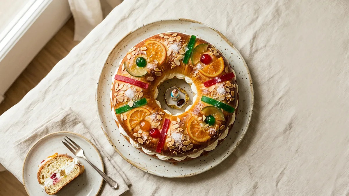 Roscón de Reyes decorado con frutas confitadas