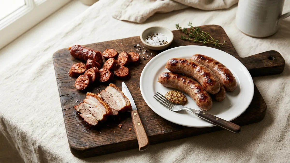 Salchichas cocidas en un plato blanco