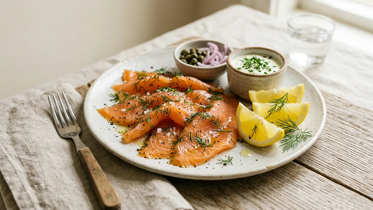 Salmón ahumado en plato con limón y eneldo