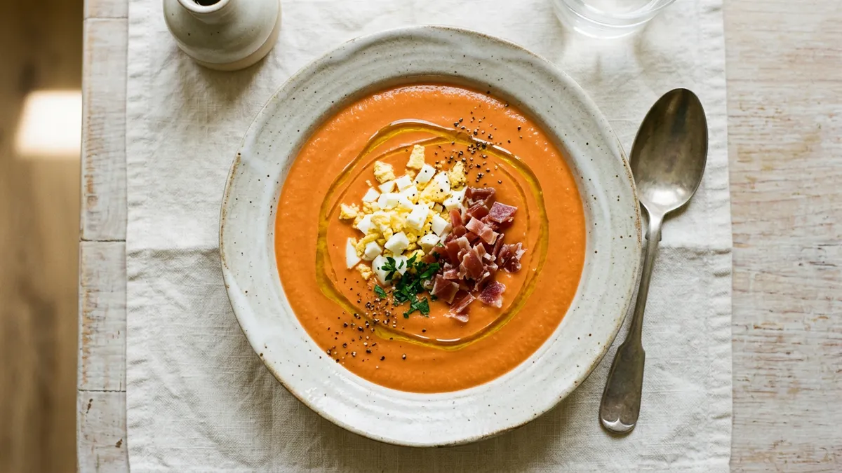 Plato de salmorejo con huevo duro y aceite de oliva