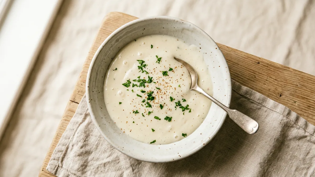 Salsa bechamel en un recipiente de cerámica