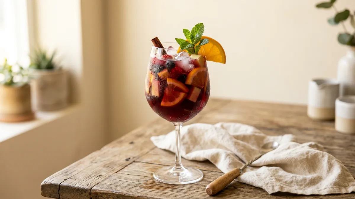 Sangría en un vaso con frutas y hielo sobre una mesa