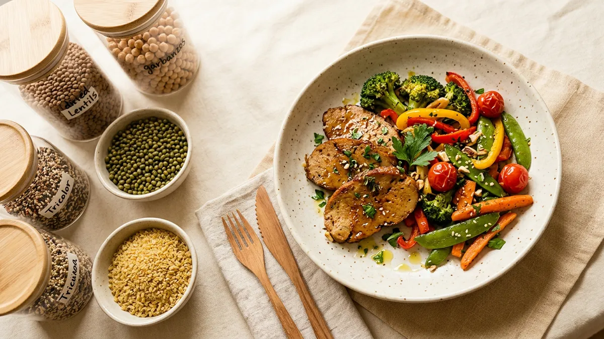 Porción de seitán en un plato con verduras
