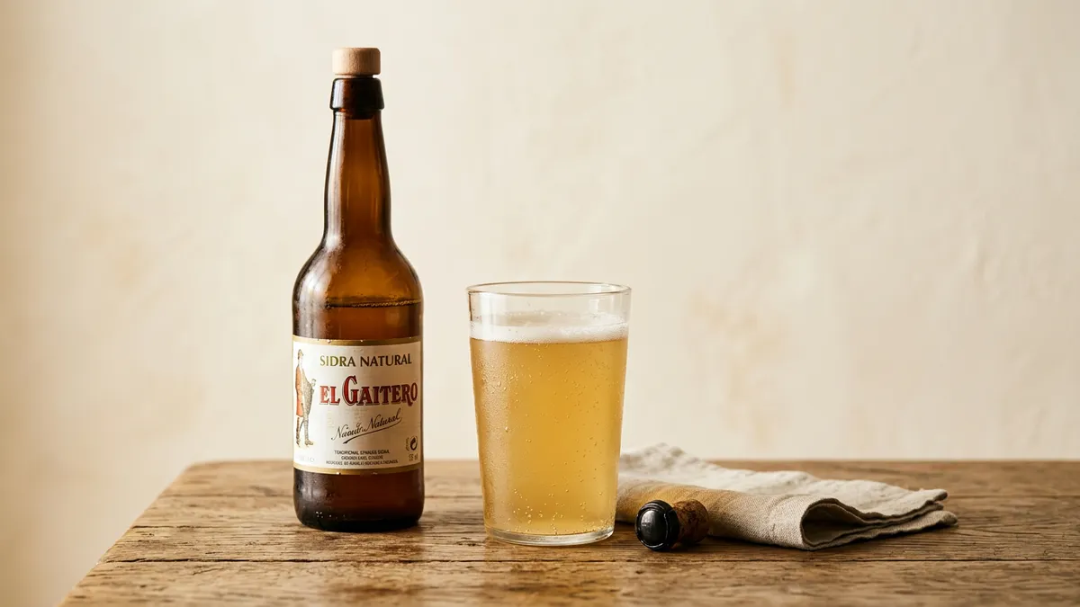 Botella de sidra y vaso sobre una mesa