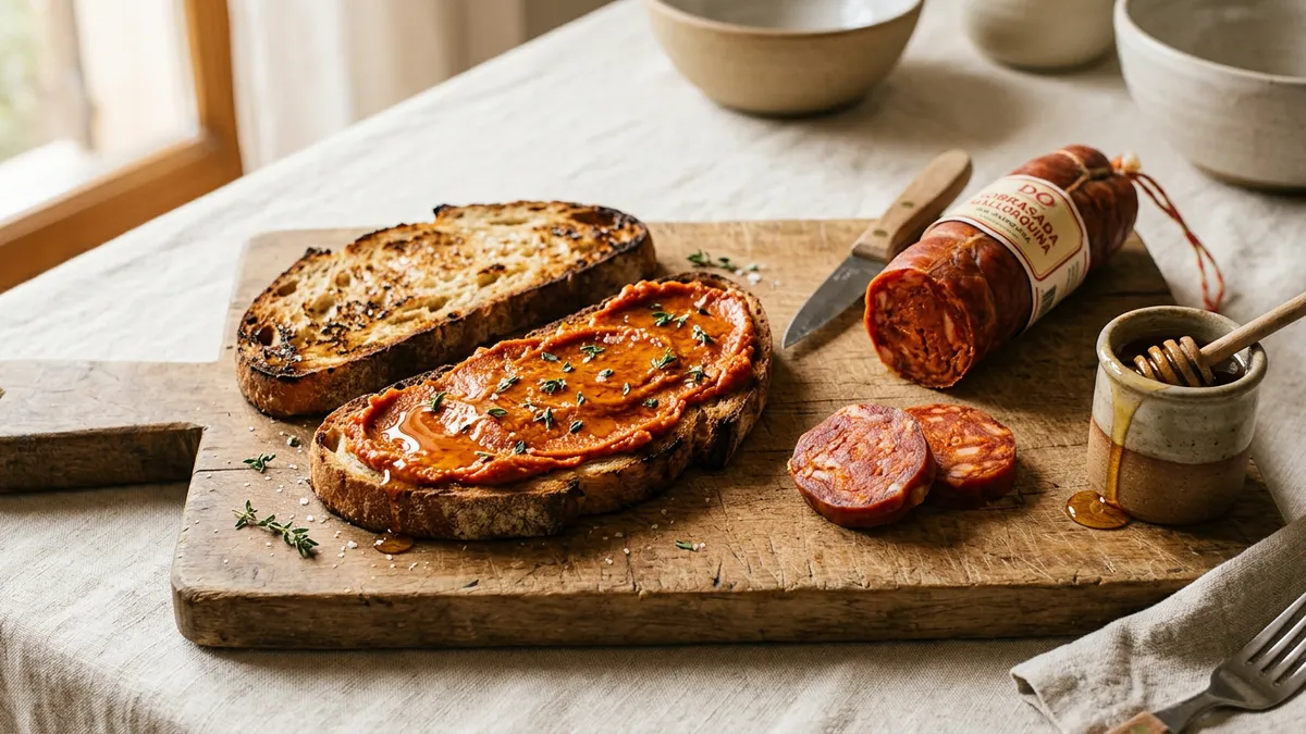 Sobrasada mallorquina untada sobre pan tostado con miel