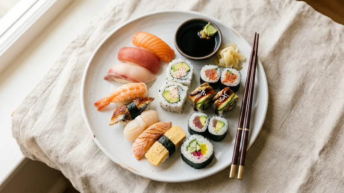 Sushi variado en un plato blanco
