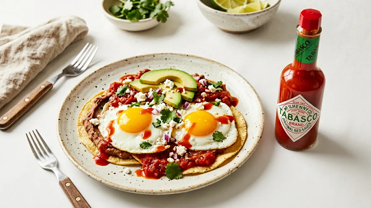 Botella de salsa Tabasco junto a unas gotas servidas en un plato
