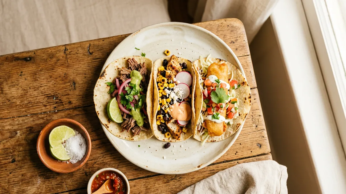 Tacos variados con ingredientes frescos sobre mesa de madera