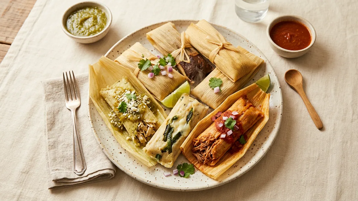 Tamales de diferentes tipos sobre una mesa
