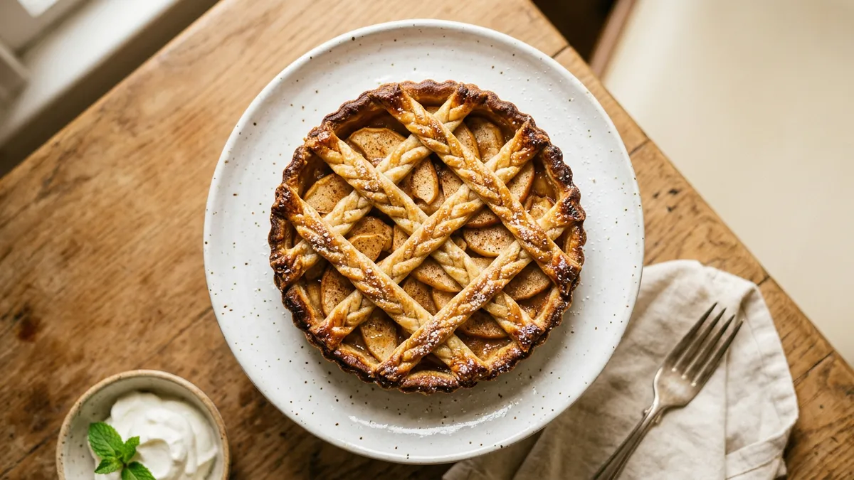 Tarta de manzana sobre plato blanco