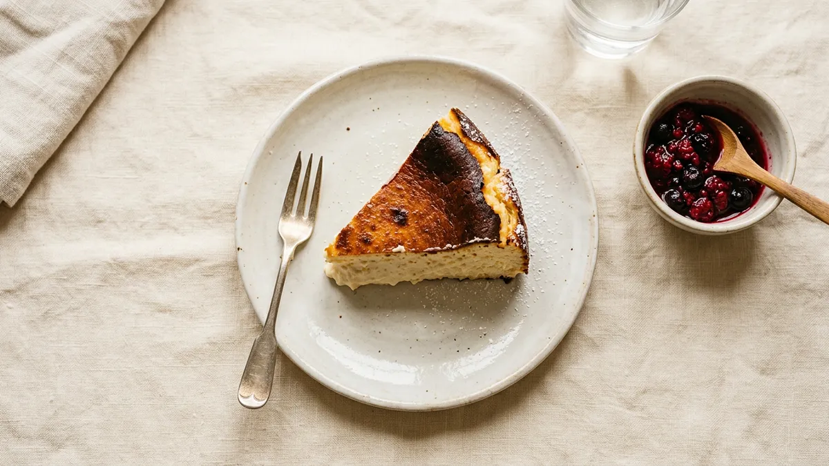 Tarta de queso sobre un plato blanco