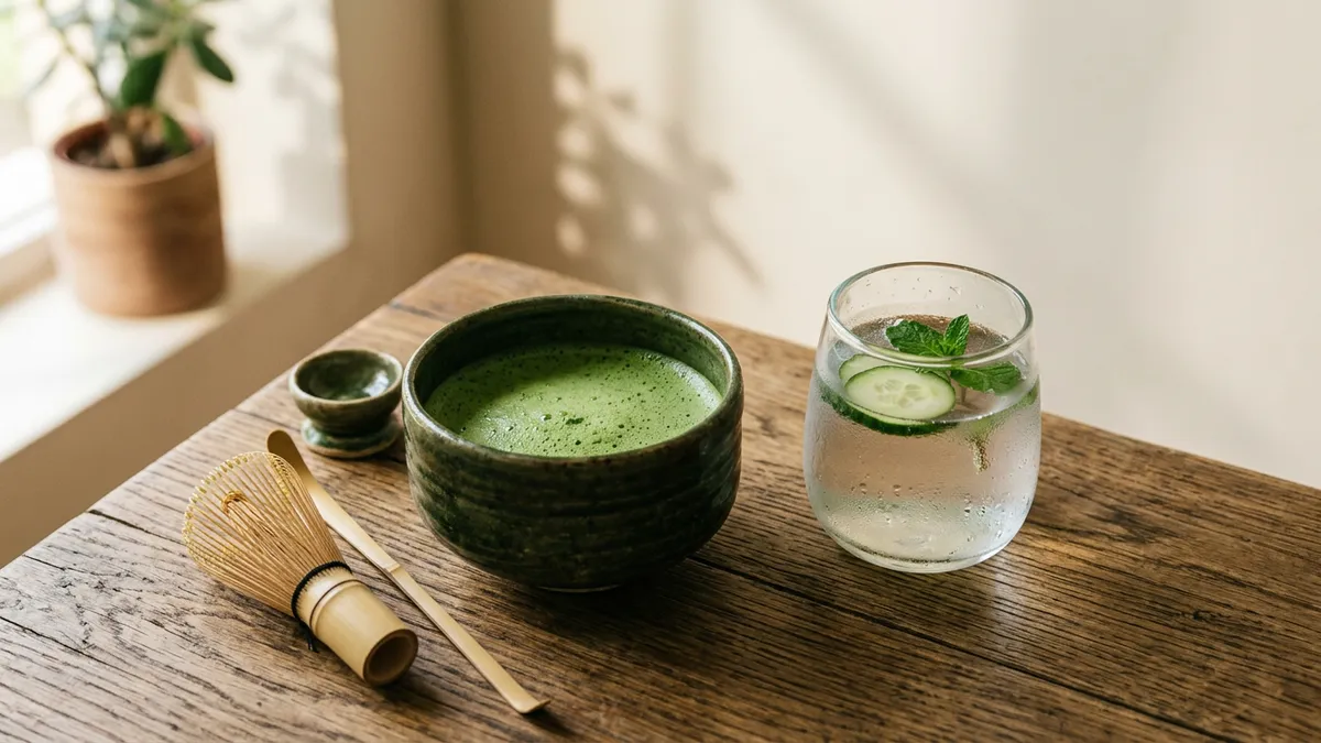 Tazón de té matcha en una mesa de madera