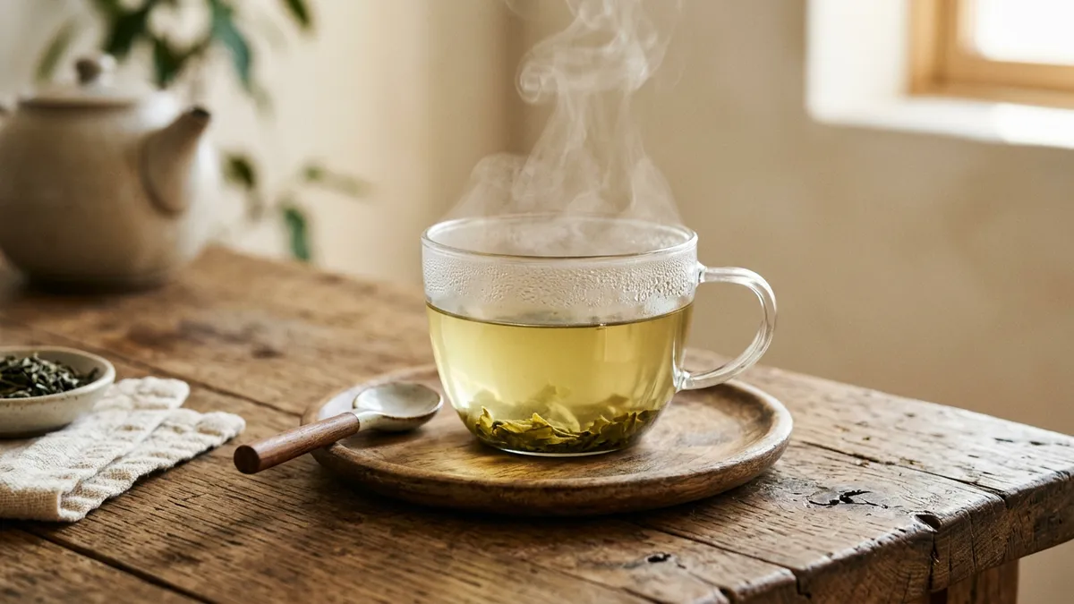 Taza de té verde humeante sobre una mesa de madera