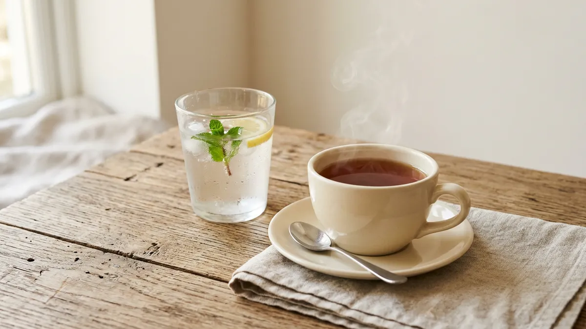 Taza de té humeante sobre una mesa de madera
