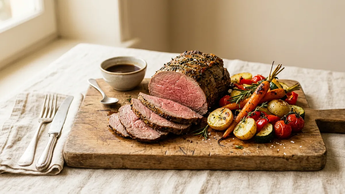 Plato de ternera asada con guarnición de verduras