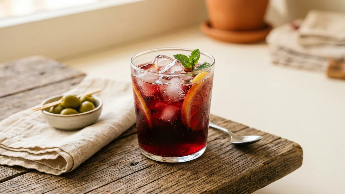 Vaso de tinto de verano con hielo y limón en una mesa