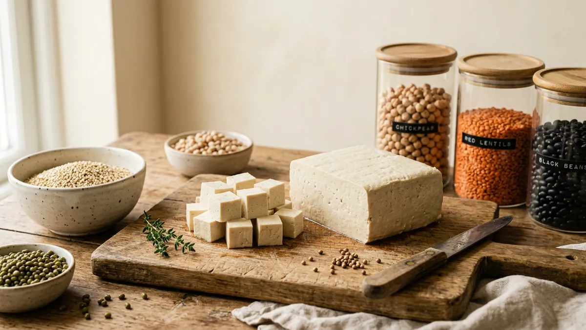 Bloques de tofu sobre una tabla de madera