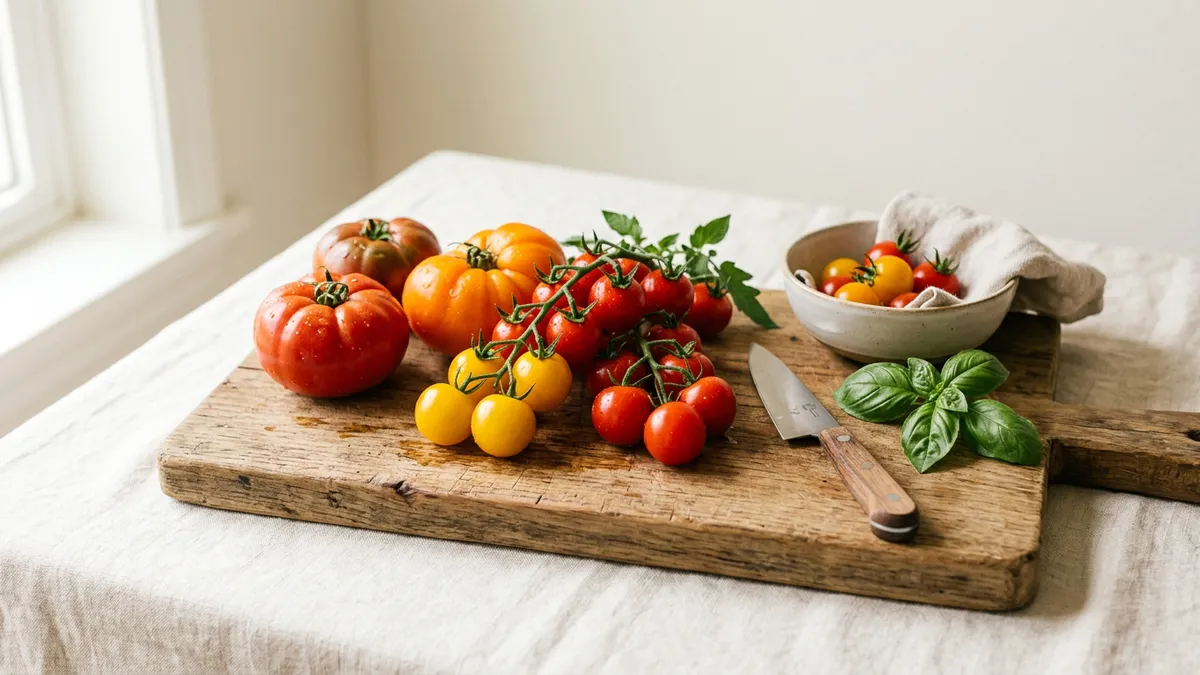 Tomates frescos sobre una tabla de madera