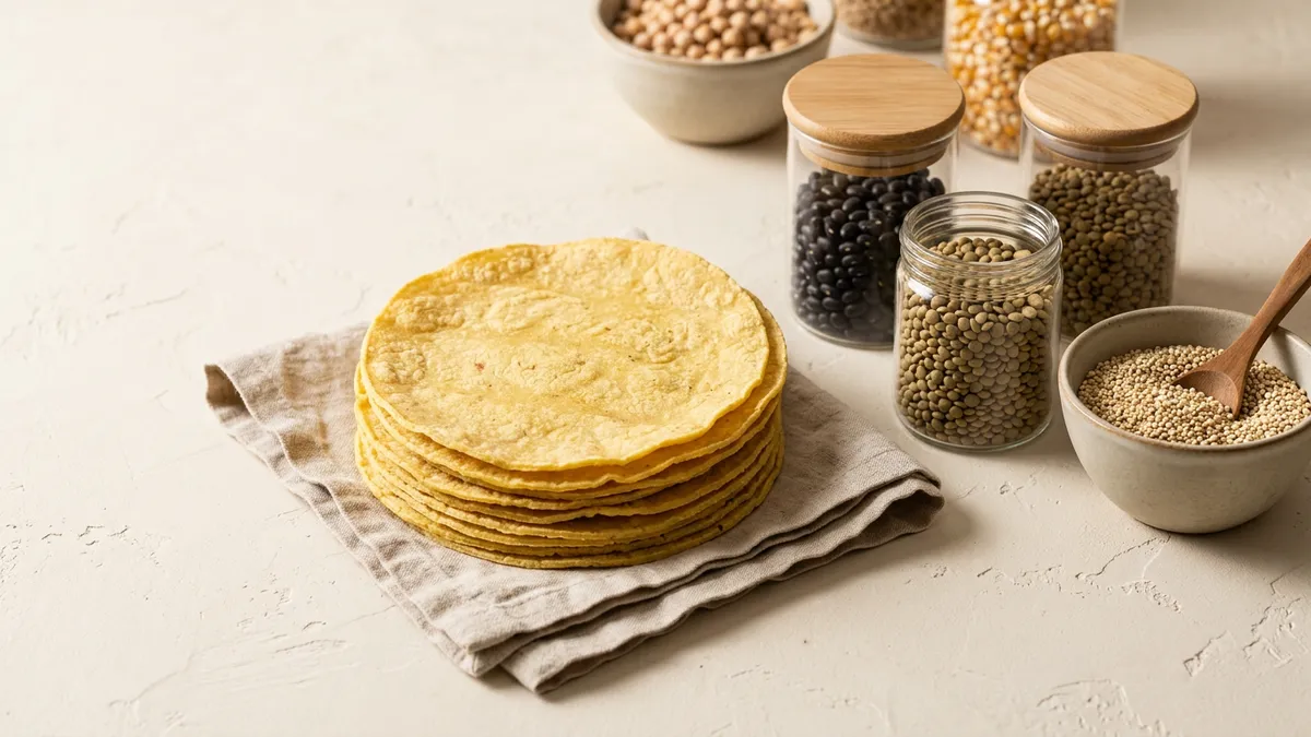 Tortillas de maíz apiladas sobre un fondo neutro